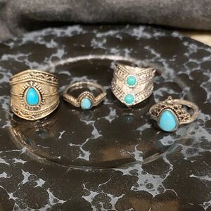 Silver Boho Turquoise Teardrop Stackable Ring Set - Women Jewelry ( set of 4)